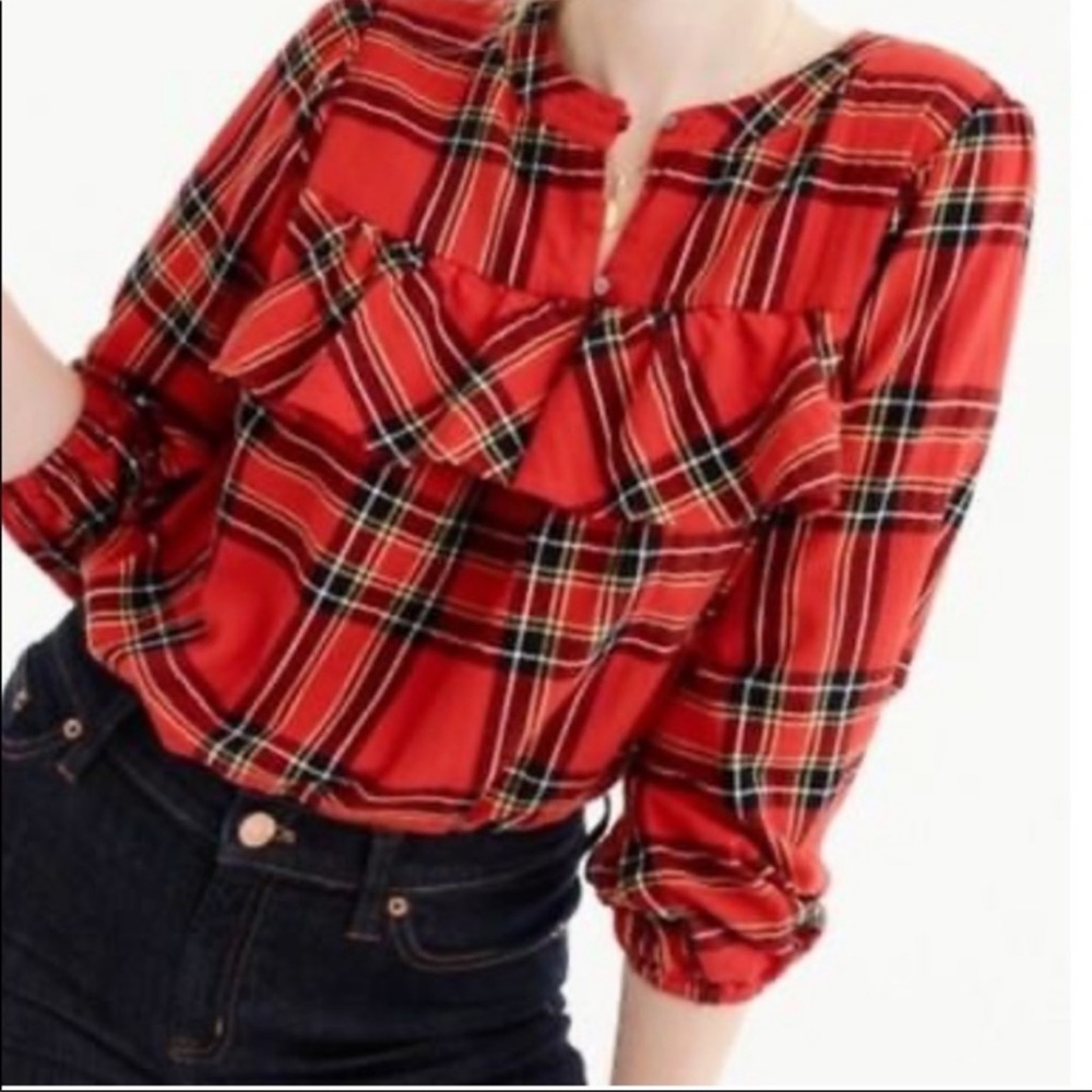J. Crew Flannel Top In Festive Plaid And Ruffle